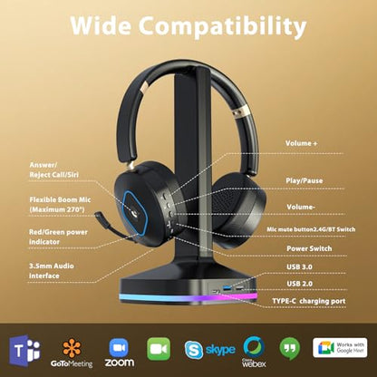 Bluetooth Headset with Microphone, Wireless Headset AI Noise Cancelling, Dual-Mode Bluetooth 6.0 & 2.4G Dongle, Wireless Headphones for 45H Work RGB/HUB Base, Meeting/Office/PC/Phone/Teams/Zoom