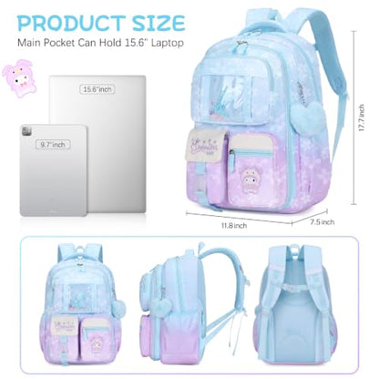 Jafeton Backpacks for Girls, Girls Backpack with Insulated Lunch Bag and Pencil Case for Kids Teens Elementary Middle High School Student, Cute Bow School Bag Travel Daypacks Book Bag Set - color: Blue Purple