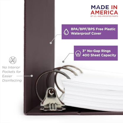 Carstens 3-Inch Heavy Duty 3-Ring Binder - Side Opening, Plum, Durable Plastic, Precision No-Gap Rings, Waterproof Cover, No Pockets, Holds 400 US Letter Sheets, BPA-Free, Made in USA (1711-3R) - color: Mulberry, size: Individual