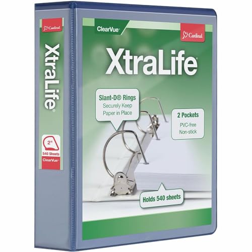 Cardinal 3 Ring Binder, 2 Inch Heavy Duty XtraLife Binder, Locking Slant-D Rings, Crack-Resistant Cover & Spine, ClearVue Covers, Holds 540 Sheets, Blue (26322) - color: Blue, size: 2-Inch