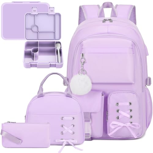 Scothen Backpack for Girls with Bento Lunch Box Set, School Bag Bookbag for Teens Girls Kids Student, 43oz Lunch Containers Lunchbox, Insulated Lunch Bag & Pencial Case, Back to School Gifts - color: Purple
