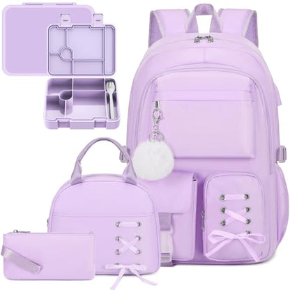 Scothen Backpack for Girls with Bento Lunch Box Set, School Bag Bookbag for Teens Girls Kids Student, 43oz Lunch Containers Lunchbox, Insulated Lunch Bag & Pencial Case, Back to School Gifts - color: Purple