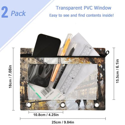 Studying 2 Pack Autumn Paris Streetscape Eiffel Tower 3 Ring Binder Pencil Pouch Bags,Clear Window Zipper Storage Case for Boys Girls School Office Supplies Cosmetics Organizers - color: Multi-paris