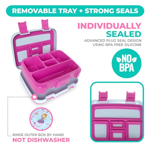 kinsho Bento Lunch Box for Kids Toddlers Girls, 5 Portion Sections Secure Lid, Microwave Safe BPA Free Removable Tray, Pre-School Kid Daycare Lunches Snack Container Ages 3 to 5, Pink Fairy Princess - color: Pink Lt Blue Fairy