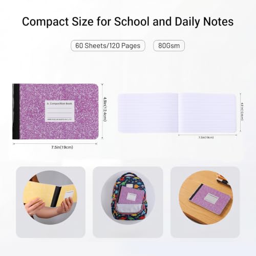 24 Pcs Wide Ruled Composition Notebook Bulk, 4-7/8"x 7.5" Mini Notebooks | Primary Composition Notebooks K-2, Half Size Small Pocket Journal Books, Back to School Gifts for Students