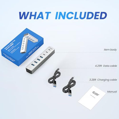 EJAY 4 Port USB3.0 and USB-C HUB for PC,Laptop,MacBook Pro etc | 7-Port USB3.0 Splitter & USB Extender, Aluminum,5Gbps,Detachable Dual Cables (4.28ft Long)