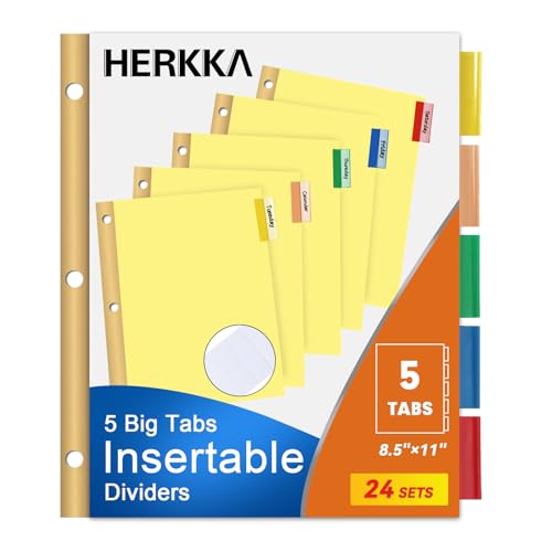 5-Tab Binder Divider, HERKKA 120 Pack Binder Index Dividers with 5 Insertable Multicolor Big Tabs, Paper with Gold-Reinforced Holes Letter Size, Yellow, 1/5-Cut Tabs - color: Yellow
