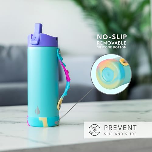 Elemental Iconic Kids Water Bottle with Straw Lid & Stress Relief Pop It Handle, Leak-Proof When Closed, Triple Insulated Kids Stainless Steel Water Bottle For Girls and Boys, 14oz - Blue Tie Dye - color: Blue Tie Dye, size: 14 Ounces