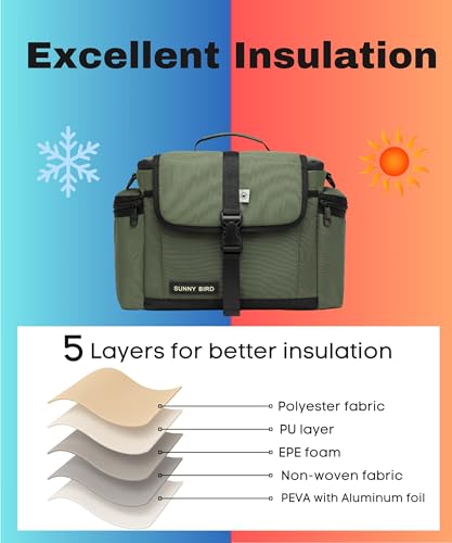 SUNNY BIRD Large Lunch Bag, Thermally Insulated Soft Cooler with Shoulder Strap for Women, Men (Khaki Green) - color: Khaki Green
