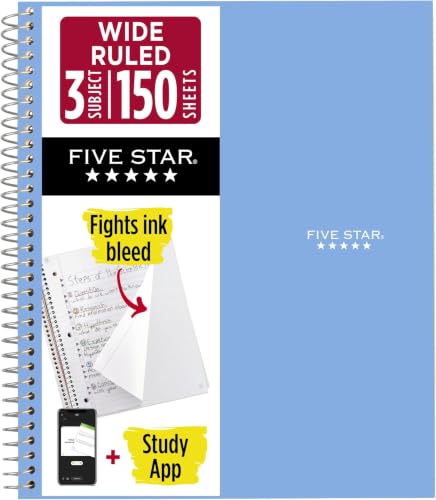 Five Star Spiral Notebook, 3 Subject, Wide Ruled | 8" x 10-1/2" | 150 Sheets | Water Resistant | Tidewater Blue | Pack of 6 - color: Tidewater Blue, size: 8" x 10-1/2" (Pack of 6)