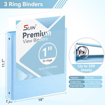 SUIN 1 Inch 3 Ring Binder, Clear 1'' View Presentation Binders with 2 Pockets, Fits 8.5 x 11 Letter Size, Durable Polypropylene, Non-Stick & PVC-Free for School, Office & Home (Brushed Blue) - color: Brushed Blue