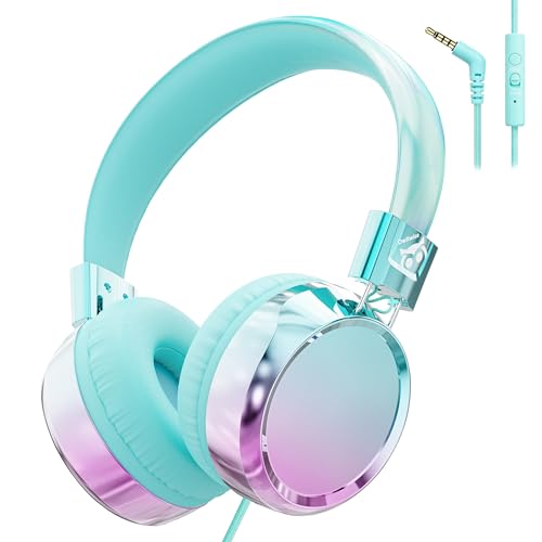 Owliwise Kids Headphones for School Travel, Safe 85/94dB Volume Limiter, HD Microphone, Over-Ear Foldable Headphones for Kids, Boys Girls, 3.5mm Wired for iPad Cord Tablet Computer, Aura Series - color: Cyan