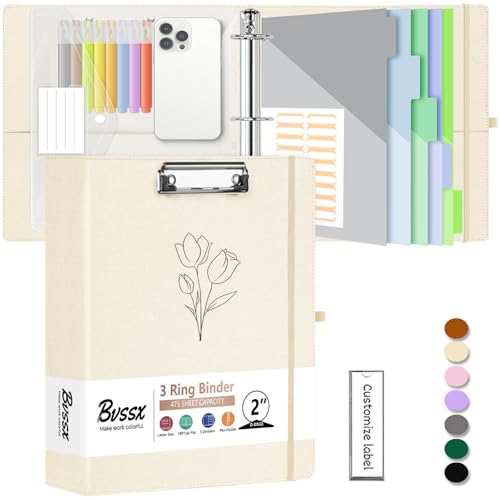 2 Inch 3 Ring Linen Binder Organizer, BVSSX Three Ring Binders with Clipboard, Plastic Folder, 5-Tabs Pocket Dividers with Sticker Labels, Pen Loop, Elastic Strap (Tulip, Letter Size) - color: Beige Flower, size: 2in（Letter Size）