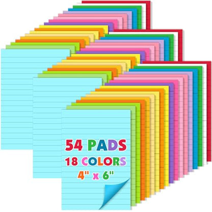 54 Pads Lined Sticky Notes, 18 Colors 4in x 6in Self Stick Note Pads, Strong Adhesive Sticky Note with Lines, Large Sticky Notes for School, Home, Office, 24 Sheets/Pad - color: 4in X 6in-54 Pads