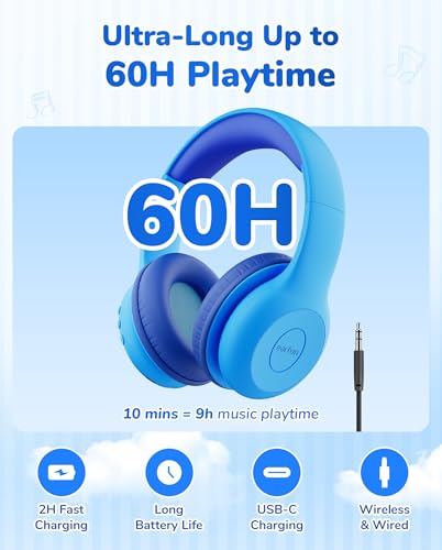 EarFun Kids Bluetooth Headphones, K2 Kids Headphones with Volume Limited, 60H Playtime, Bluetooth 5.4 Headphones with Mic, Stereo Sound, Foldable Over-Ear Headphones for Kids/School (Royal Blue) - color: Royal Blue