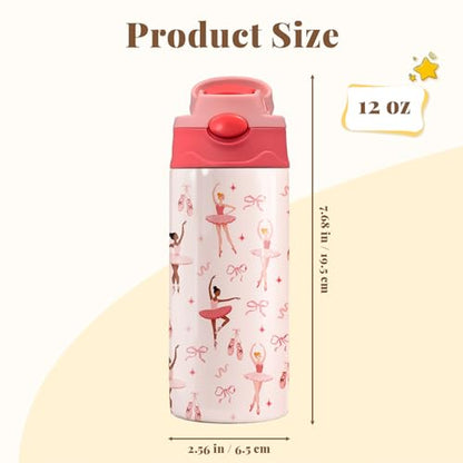 12oz Ballet Kids Water Bottle, Ballerina Water Bottle for School, Pink Kids Insulated Bottles with Straw & Handle, Leak-Proof, BPA-free, Straw Lid, Stainless Steel for Travel Gift Cup for Girls - color: Ballet
