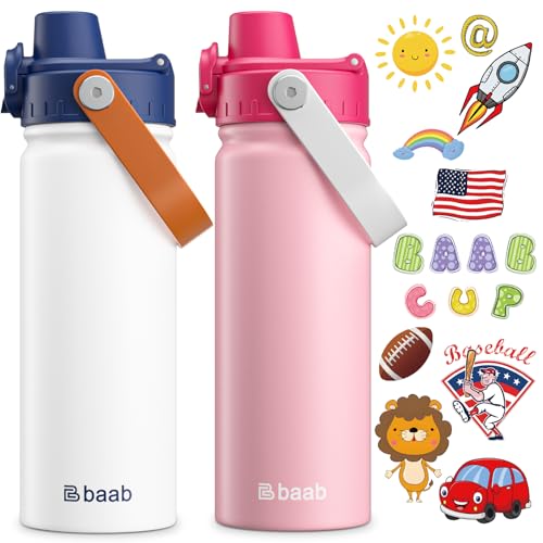 baab 18oz Kids Water Bottle, Insulated Kids Water Bottle with Lockable Spout Lid & Stickers, 18/8 Stainless Steel Vacuum Leakproof Kid Water Cup for Boy Girl School (White+Pink, 2 Pack) - color: White+Pink, size: 18 Ounces