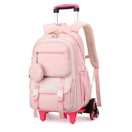 Rolling Backpack for Girls Kids Backpack with Wheels Elementary School Roller Bookbag Trolley School Bag for Travel Pink - color: 05-6 Wheels-pink, size: 6 Wheels