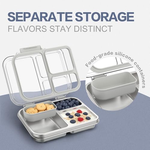 Stainless Steel Bento Box for Kids, 3-Compartment Metal Lunch Box with Clear Lid & Removable Silicone, Lunch Box Kids with Silicone Inner Container for Meal Prep, School, Office (Grey) - color: Grey
