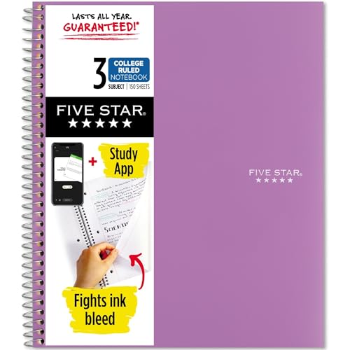 Five Star Spiral Notebook + Study App, 3 Subject, College Ruled Paper, 8-1/2" x 11", 150 Sheets, Fights Ink Bleed, Water Resistant Cover, Amethyst Purple (38746) - color: Amethyst Purple, size: 1 Count (Pack of 1)
