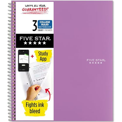 Five Star Spiral Notebook + Study App, 3 Subject, College Ruled Paper, 8-1/2" x 11", 150 Sheets, Fights Ink Bleed, Water Resistant Cover, Amethyst Purple (38746) - color: Amethyst Purple, size: 1 Count (Pack of 1)