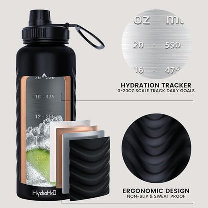 32oz Stainless Steel Insulated Water Bottle, 48H Cold & 24H Hot, Leak-Proof Wide Mouth Lids (Straw & Spout), BPA-Free Bottles, Mens Water Bottle for Gym, Hiking, Travel - Black - color: Black, size: 32 Ounces
