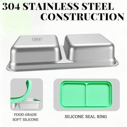 3 Pack 15oz Stainless Steel Snack Containers for Kids, Reusable Metal Snack Containers with Silicone lids, Leak Proof 2 Compartment Stackable Metal Toddler Lunch Box for Daycare, School