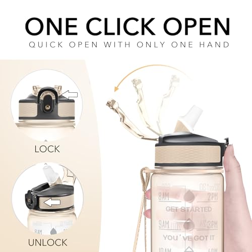 Hyeta Water Bottle with Straw & Time Marker, Plastic 32oz Leakproof | Motivational Tritan BPA Free Gym Office Outdoor Intake Tracker Hourly Reminder Straw Lid Carry Strap - color: Clear Amber