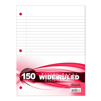 BAZIC Products Wide-Ruled Filler Paper, 3-Hole Punched, 150 Sheets | 10.5 x 8 in, fit standard 3-ring binders, class notes and homework - color: Wide Ruled (150 Sheets), size: 1-Pack