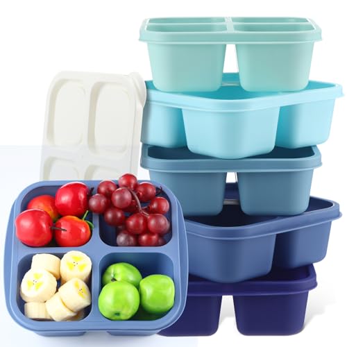 Honeydak 5 Pack Snack Containers 4 Compartment Bento Snack Boxes Reusable Lunchable Containers with Lids Divided Meal Prep Lunch Food Storage Box for School Work Travel(Blue Ombre,Equal) - color: Blue Ombre, style: Equal