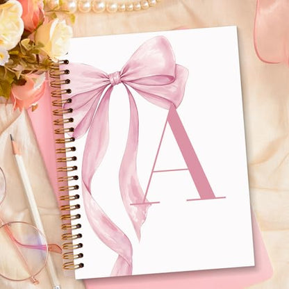 JXREQ Coquette Pink Bow Personalized Notebook, Initial Letter A Monogram Journal, Preppy Girly Ribbon Bow Journal, Monogrammed Gifts for Women, Aesthetic Spiral Notebook 5.5x8.3 - color: Apink