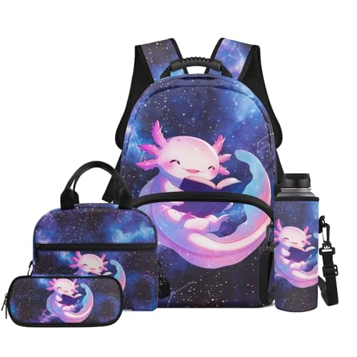 Axolotl Backpack Set, 4 PCS School Backpack with Lunch Box, Pencil Case and Water Bottle Bag, for Elementary Ages 9-12 Boys and Girls Daily Use - color: Reading Axolotl Print