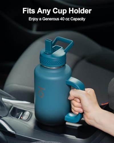 Trebo Insulated Water Bottle 40oz Fits in Car Cup Holder with Side Handle | Stainless Steel Metal Tumbler with Straw Spout Lids, Triple-Wall Vacuum Copper Plated, Cold 48 Hrs Hot 24 Hrs for Travel, Gym - color: Indigo Black, size: 40 Ounces