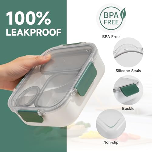 Lunch Bento Box Adults, Leakproof Compartment Adult Lunchable Salad Food Containers for Men Women, Bpa Free Reusable lunchbox, Microwave Dishwasher Safe, Green - color: Green