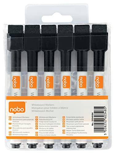 Nobo Mini Whiteboard Pens With Magnetic Eraser Cap, 2mm Fine Tip, Pack Of 6, Dry Wipe/Erase, Low Odour, Black, 2104184