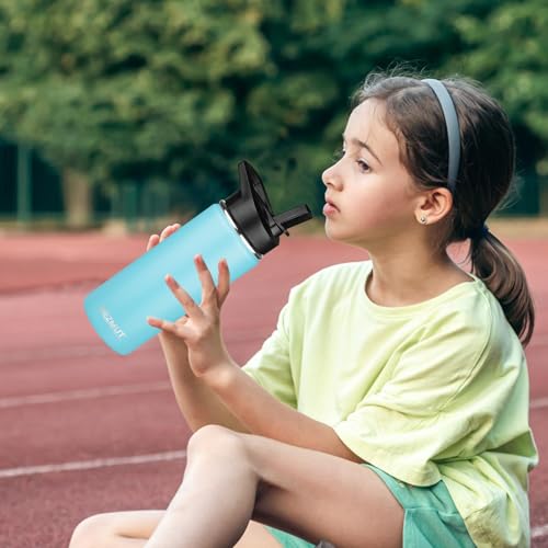 Insulated Water Bottle 18oz Stainless Steel Water Bottles with Straw&2 Lids, Kids Metal Water Bottle Cup for School, Vacuum Insulated Bottles Leak-Proof Travel Cup, Blue - color: Blue, size: 18 Ounces