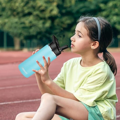 Insulated Water Bottle 18oz Stainless Steel Water Bottles with Straw&2 Lids, Kids Metal Water Bottle Cup for School, Vacuum Insulated Bottles Leak-Proof Travel Cup, Blue - color: Blue, size: 18 Ounces