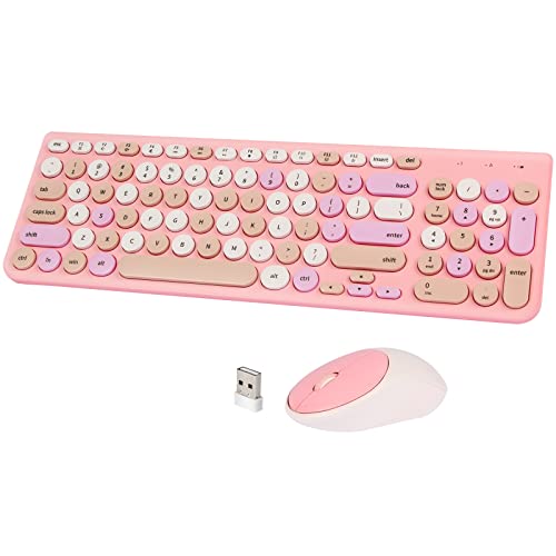 Wireless Keyboard and Mouse Combo, Retro Typewriter Keyboard with Round Keycaps, 2.4GHz USB Cute Wireless Keyboard Mouse for Computer, Desktop, Laptop and Computer (Pink-Colorful) - color: Pink-Colorful
