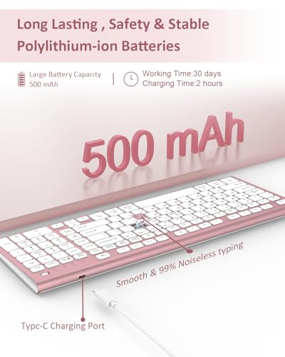 FENIFOX Wireless Keyboard, Bluetooth & 2.4G USB & USB-C Rechargeable Silent Ultra Quiet Low Profile Compact Full Size with Number Pad Soft Multi Device for Mac MacBook Windows PC - Pink & Rose Gold - color: Pink