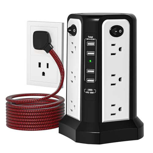 10FT Extension Cord with Multiple Outlets|PASSUS Surge Protector Power Strip with USB C(PD18W) Port|Flat Plug Braided Cord|Tower Outlets with USB Ports,Overload Protection for Home Office DormRoom - style: Black White-Thin Plug