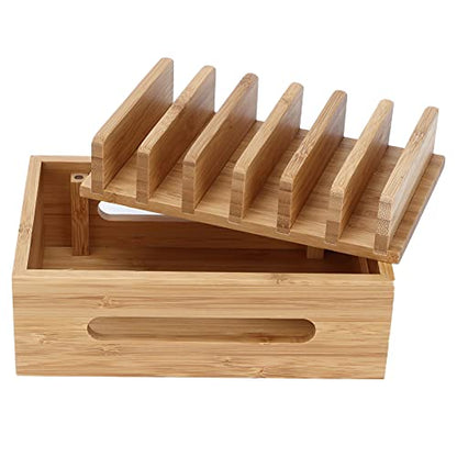 Wooden Charging Station Organizer, Stylish Retro Adjustable Multiple Device Charging Station Rack with Cable Box Organizer for Laptop Tablets Pads Smartphones