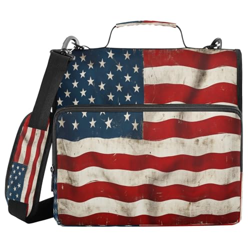 Gredecor 3 D-Ring Zipper Binder 1.5 IN Waterproof American Flag Wooden Pattern-2 Binder with Zipper Shoulder Strap, Multi-Pockets Organizer Bag for School & Office Supplies, Storage 500 Sheets Capacit - color: American Flag Wooden Pattern-2