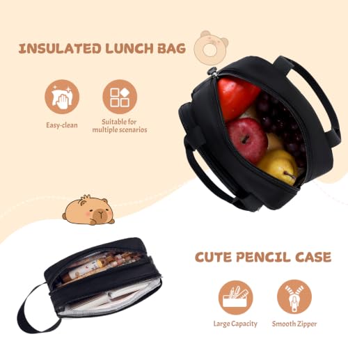 Capybara Rolling Backpack for Girls - 3PCS Girls Backpack Kids Suitcase with Lunch Box & Pencil Case Travel - Capybara Backpack with Wheels for Kindergarten Preschool Elementary (Black) - color: Black