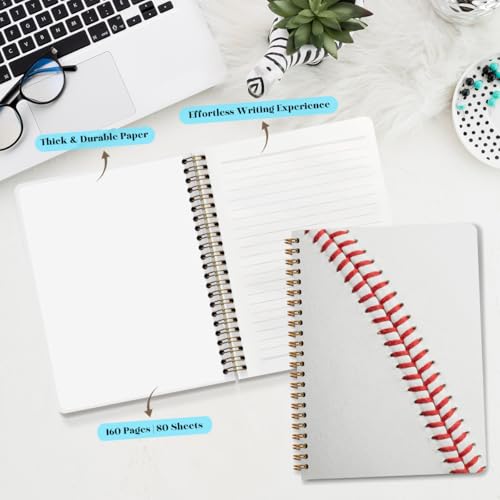 Baseball Print Spiral Notebook, Sport Themed Journal With Red Stitching Pattern, A5 Lined Notebook, Daily Planner Memo Notepad For Classroom Office Home, Unique Gifts for Baseball Fans, 5.8x8.3 Inch - color: Baseball Stitch