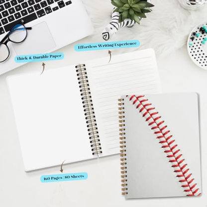 Baseball Print Spiral Notebook, Sport Themed Journal With Red Stitching Pattern, A5 Lined Notebook, Daily Planner Memo Notepad For Classroom Office Home, Unique Gifts for Baseball Fans, 5.8x8.3 Inch - color: Baseball Stitch