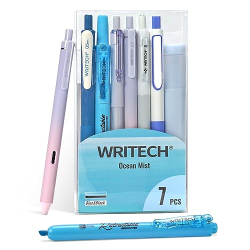 WRITECH Gel Pens Journaling Highlighters: Journal Set Aesthetic Assorted Pastel Color Ink 0.5mm Fine Point Retractable 0.7mm Black Pen Smooth Writing Drawing No Bleed 7ct (Blue) - color: Blue