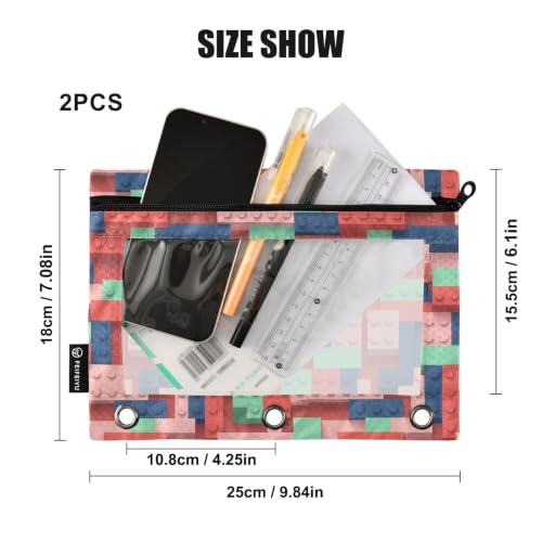 Gredecor 3 Ring Binder Pencil Pouch, Building Blocks Zippered Pen Case Pouches with Clear Window, 2 Pack Stylish Office & School Supplie - color: Building Blocks