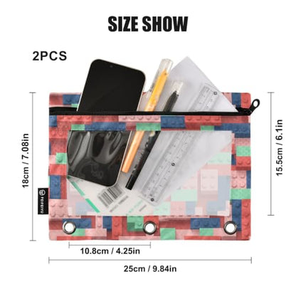 Gredecor 3 Ring Binder Pencil Pouch, Building Blocks Zippered Pen Case Pouches with Clear Window, 2 Pack Stylish Office & School Supplie - color: Building Blocks