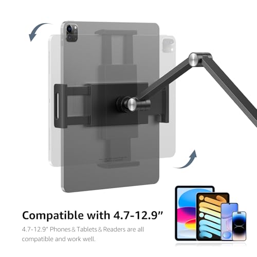 BEWISER Tablet Wall Mount Holder,360° Rotating Flexibly, Height and Angle Adjustable, Folding Aluminium Alloy Long Arm Compatible with4.7-12.9" Phone and Tablet in Kitchen or Office (Space Grey)… - color: Black