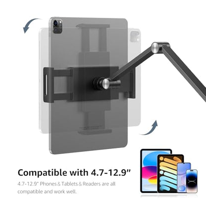 BEWISER Tablet Wall Mount Holder,360° Rotating Flexibly, Height and Angle Adjustable, Folding Aluminium Alloy Long Arm Compatible with4.7-12.9" Phone and Tablet in Kitchen or Office (Space Grey)… - color: Black